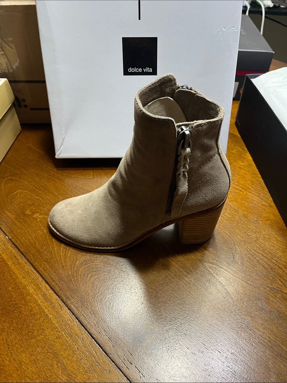Dolce Vita Taupe Suede Block Heel Ankle Boot with Side Braid Zip